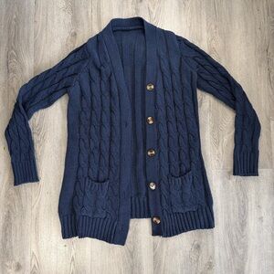 Cable Knit Cardigan Sweater Womens Large Navy Button Pockets Academia Teacher